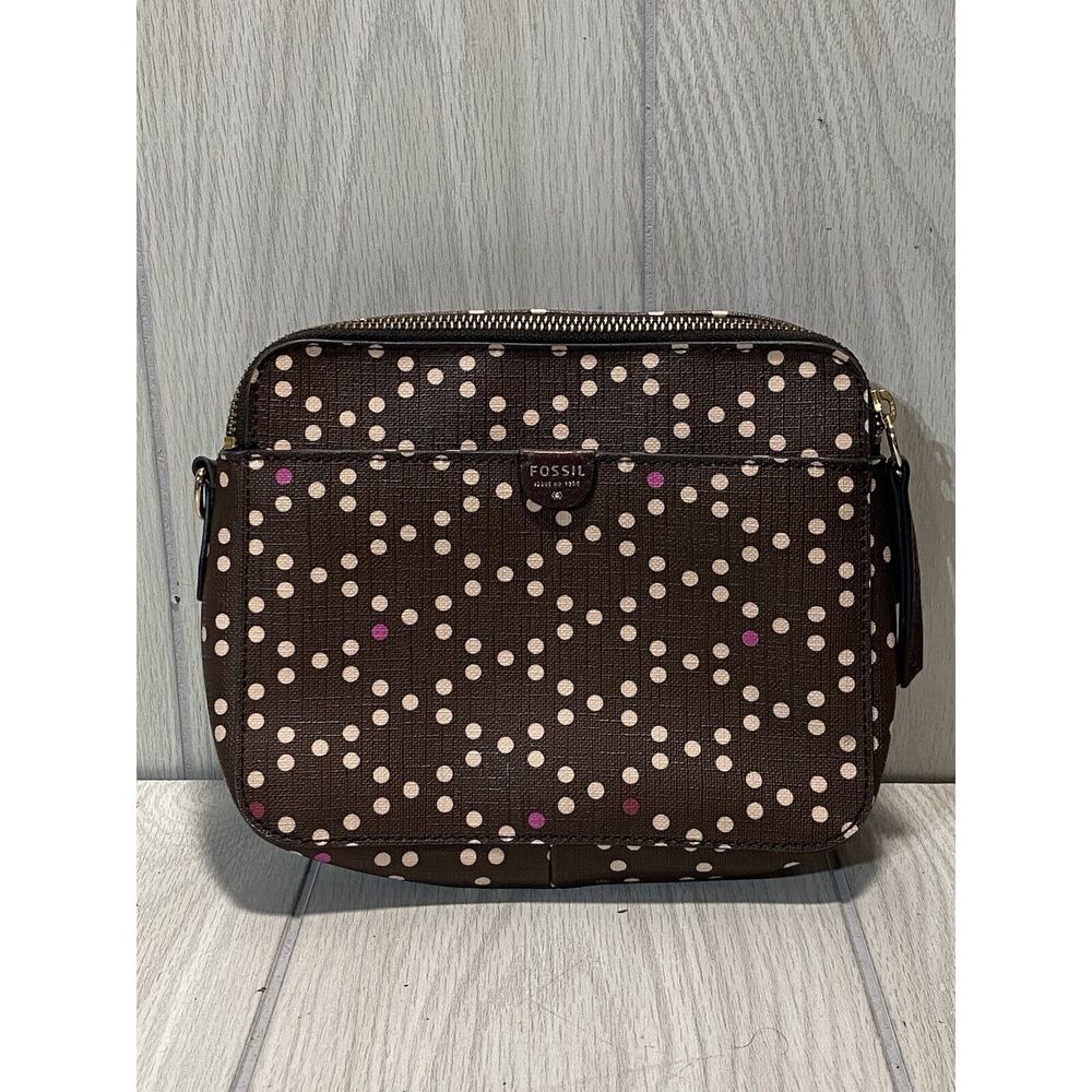Fossil Sydney Handbag Crossbody Cordovan Polka Dots Brown Pink